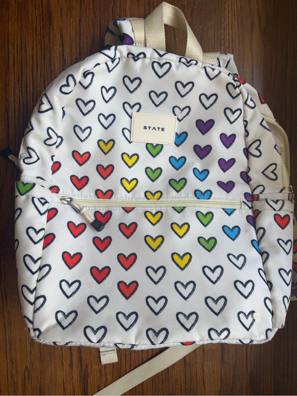 STATE White Backpack with Multicolor Heart Pattern